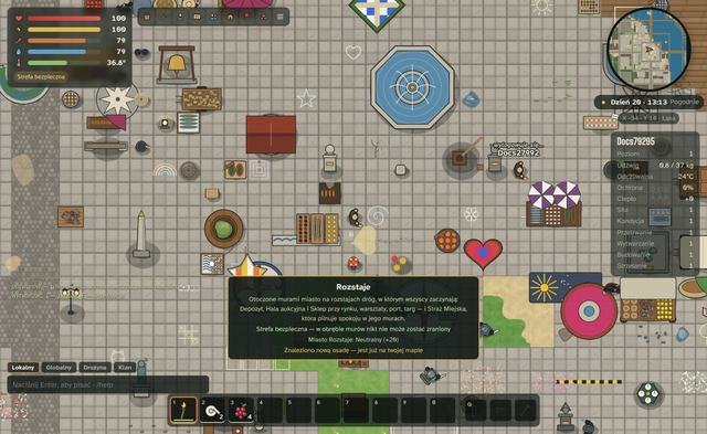 The Crossroads market — the city where every new survivor starts. Inside its walls nobody can hurt anybody.