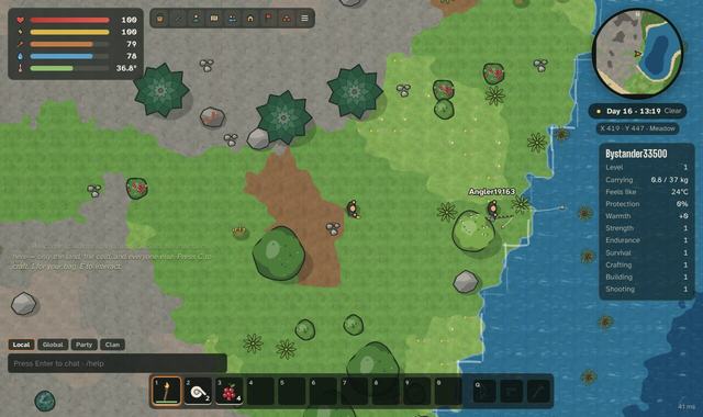 Fishing: a rod, worms dug up with a spade, five kinds of fish.